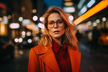 Fashionable young woman in red coat and glasses on the street at night.