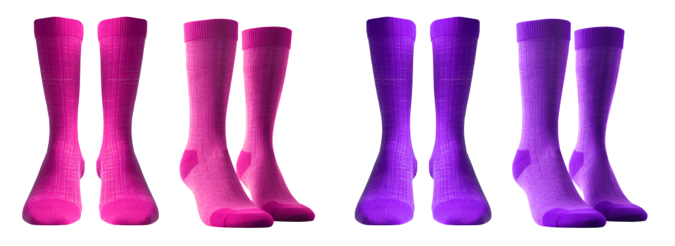 2 Set of magenta purple pink, front side view blank plain socks on transparent background, PNG file. Mockup template for artwork design