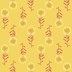 Floral Seamless Pattern of Flowers with Leaves in Yellow and Dark Red. Wallpaper Design for Textiles, Fabrics, Decorations, Papers Prints, Fashion Backgrounds, Wrappings Packaging.