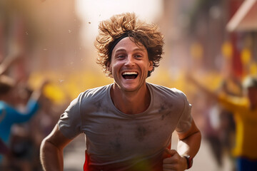 Generative AI Image of a Man with Happy Expression Running in a Marathon Competition