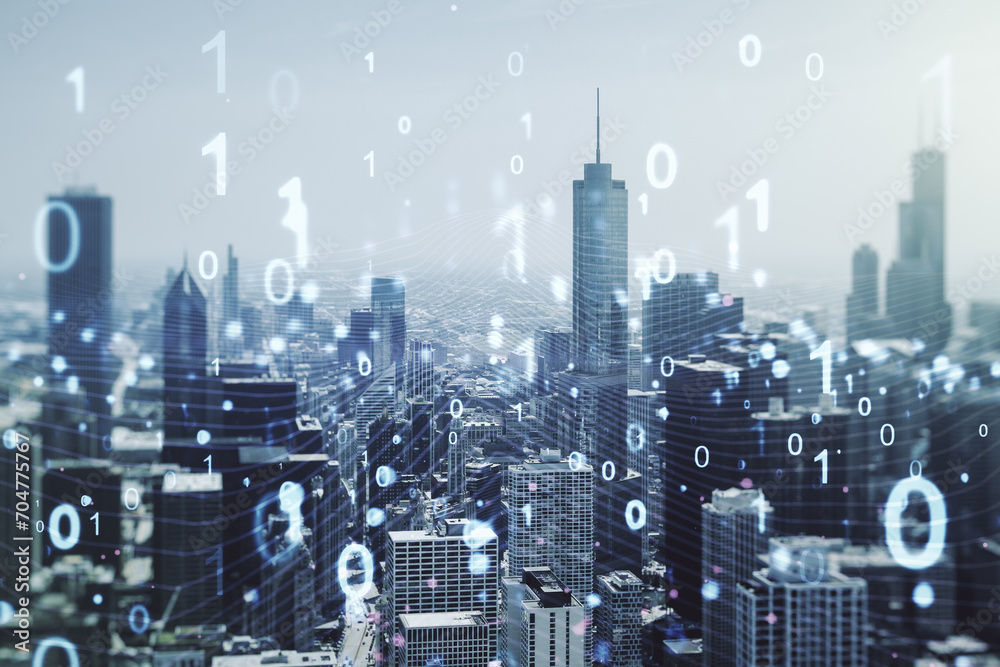 Leinwandbilder abstract virtual binary code illustration on chicago skyline background. big data and coding concept