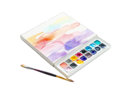 watercolors with a paintbrush and a painted canvas