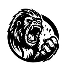 Vector logo of a raging gorilla. Professional logo of a chimpanzee. Black and white logo of an ape isolated on white background.