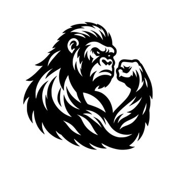 Vector logo of a raging gorilla. Professional logo of a chimpanzee. Black and white logo of an ape isolated on white background.