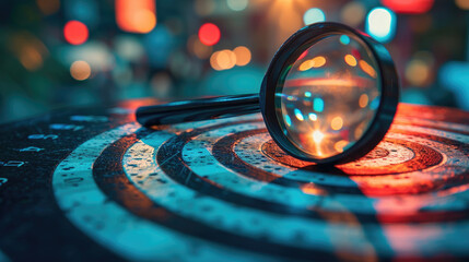 Close-up of a magnifying glass on a target, captures a focused view on a target. Suitable for illustrating precision, goal setting, marketing, success, and detective concepts in design projects. - obrazy, fototapety, plakaty