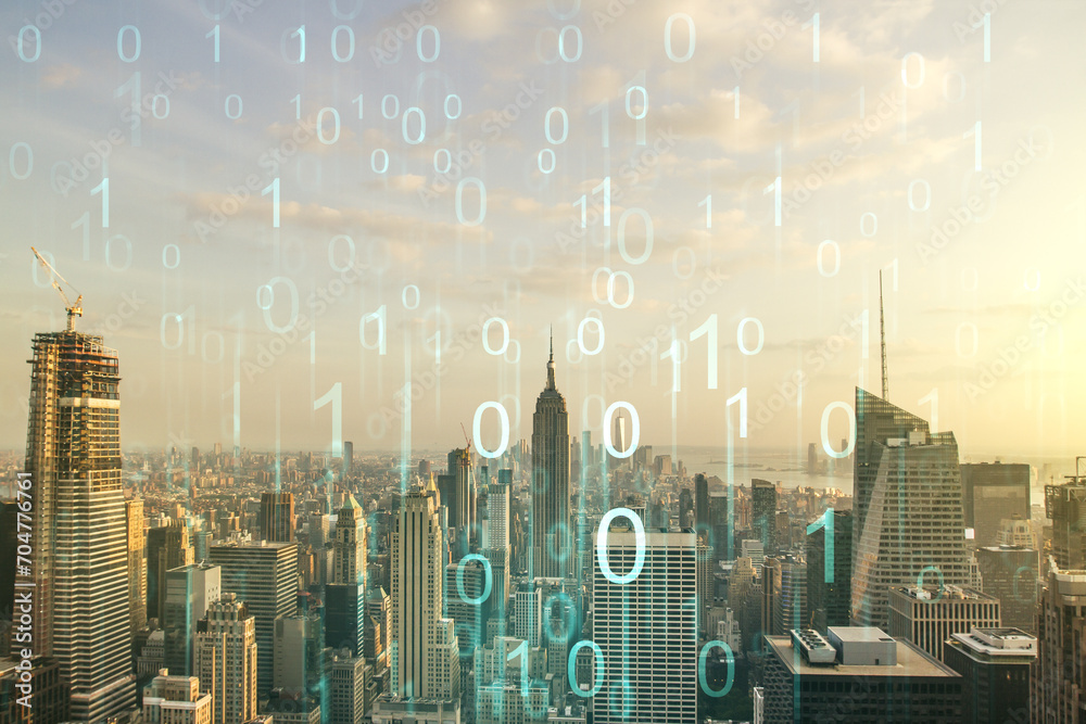 Poster abstract virtual binary code hologram on new york cityscape background, ai and machine learning conc