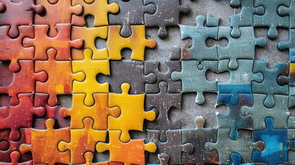 A close up photo of a puzzle piece made of varied wood colors. Suitable for backgrounds, concepts of diversity, teamwork, creativity, and problem-solving in design assets.