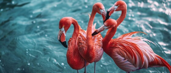  a couple of flamingos standing next to each other on top of a blue body of water in front of a body of water.