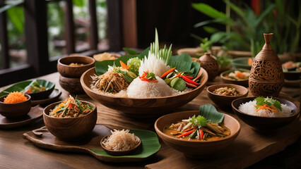Set the scene with a cozy wooden table adorned with Rice Thai Food the aroma and presentation tell a story of rich flavors and cultural inspiration