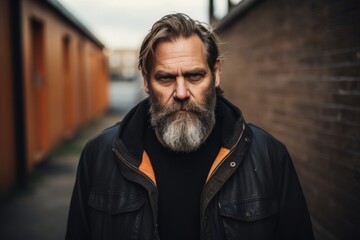 Portrait of a bearded man with a gray beard and mustache in a black leather jacket in an urban context