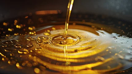 Foto op Plexiglas Oil being poured into a pan, depicts oil being poured into a cooking pan. Suitable for food blogs, recipe websites, cooking tutorials, and culinary-related designs. © Planetz