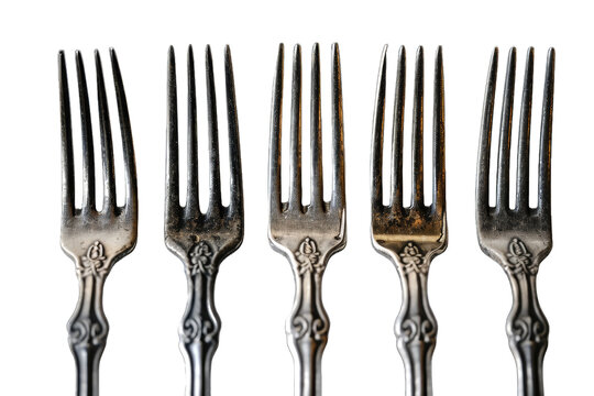 four identical tarnished silver forks