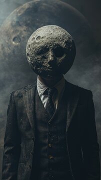  The image is a photograph featuring a person wearing a suit with a tie, and a moon-like object or a large rock is placed on his forehead. The individual appears to be an elderly man in the attire.