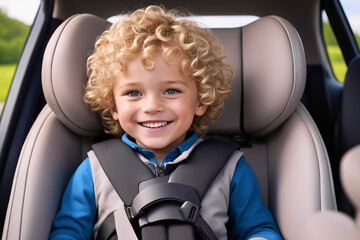 Cute smiling boy sitting in a car wearing a seatbelt - obrazy, fototapety, plakaty