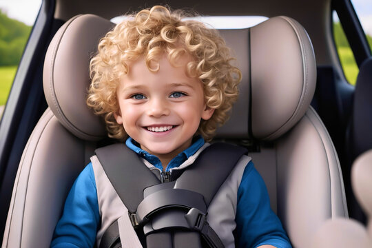 Cute smiling boy sitting in a car wearing a seatbelt
