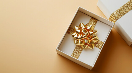 Gilded Surprise: Top View of 3D Luxury Gift Box with Gold Ribbon, Empty Space, Ai generated