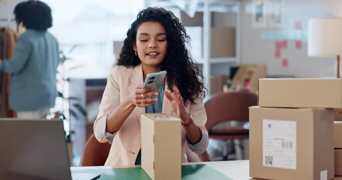 Small business, phone and barcode on box with laptop for logistics, delivery or tracking of order. Female ceo, manager or entrepreneur in fashion design with shipment, checking and scan for customer