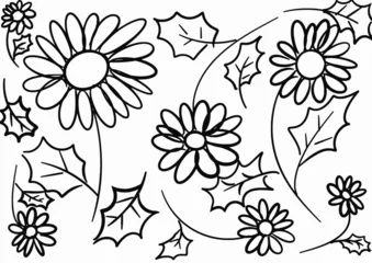 Tuinposter Black drawing line of seamless floral pattern, design for fabrics print or wallpaper, hand drawing vector, Isolated floral elements, daisy, aster, chrysanthemum. Line childish drawings  © AuntieCW