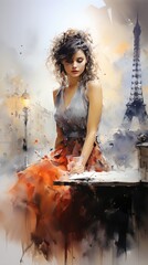 An elegant woman in a gray dress is sitting at a table outside a cafe in Paris, France