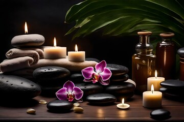 Fashion a calming wellness background featuring massage stones, fragrant orchid flowers, plush towels, and the ambient glow of elegantly arranged burning candles.