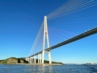Russia, Vladivostok. View of the cable-stayed bridge to Russkiy Island in August in sunny weather