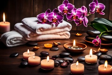 Obraz na płótnie Canvas Illustrate a spa retreat atmosphere with massage stones, vibrant orchid flowers, cozy towels, and the flickering warmth of carefully arranged burning candles.