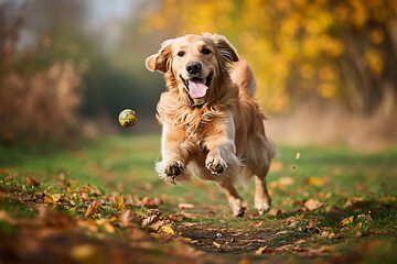 Golden retriever dog jumping happily in the air catching a ball