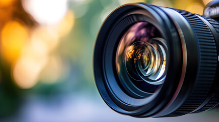 A close-up of a camera lens with a blurry background. Suitable for photography websites, graphic design tutorials, digital marketing materials, and social media posts about photography and creativity. - obrazy, fototapety, plakaty