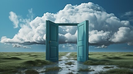 Surreal landscape with a door in the middle of a grassy field