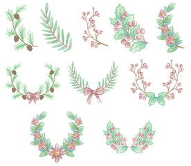 hand drawing christmas wreath reef ornament design element set