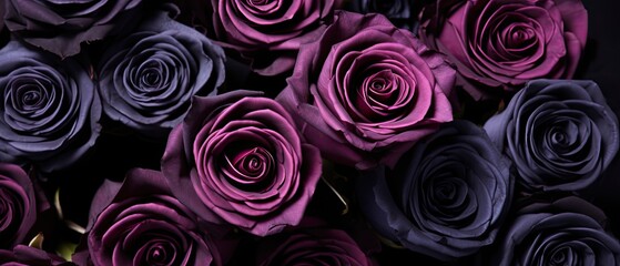 Purple and violet roses pattern. Top view of dark flowers wallpaper or background. Generative AI.