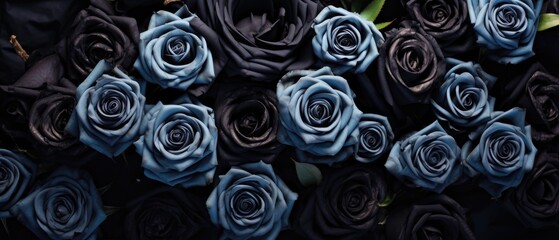 Fototapeta premium Black and blue roses pattern. Top view of dark flowers wallpaper or background. Generative AI.