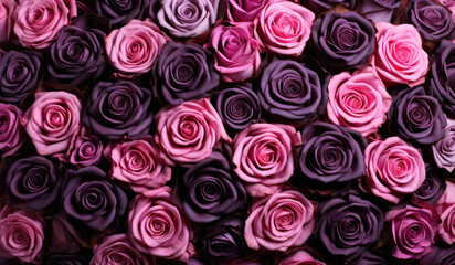 Pink, purple and violet roses pattern. Top view of multicolor flowers wallpaper or background. Generative AI.