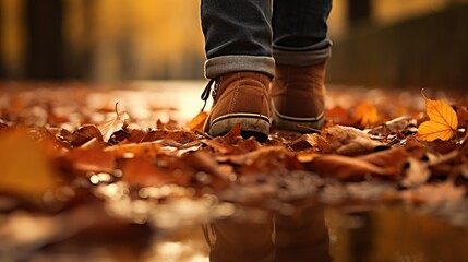 Cinematic close-up, a person's shoes stepping on autumn leaves