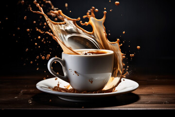 Coffee mug on black background with sugar splashing. AI Generative captures liquid motion, isolated droplets.