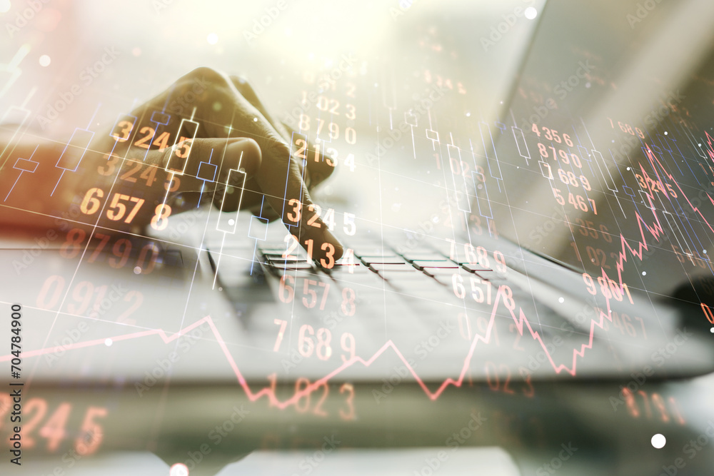 Poster Double exposure of abstract creative statistics data hologram with hands typing on laptop on background, statistics and analytics concept
