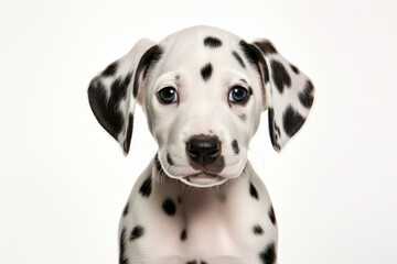 Young Dalmatian puppy playing, searching, staring. Proud obedience, isolated studio, purebred pedigree. AI Generative intelligence.