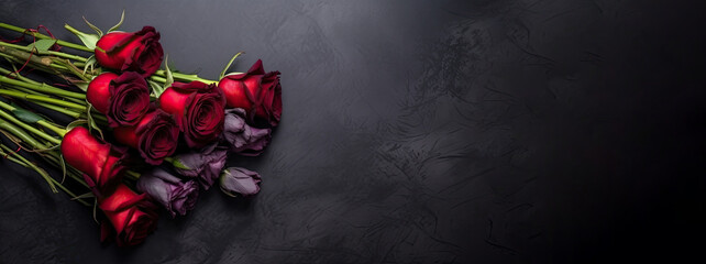 Top view of natural and fresh red and purple roses on dark surface. Flowers bunch banner, wallpaper or background with copy space for text. Generative AI. - obrazy, fototapety, plakaty
