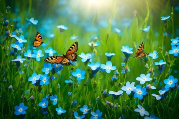 Fashion a stunning portrayal of a summer or spring meadow, showcasing the beauty of blue forget-me-not flowers and two butterflies gracefully hovering in the wild landscape.