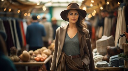 Fototapeta na wymiar Chic fashion woman walking through a vintage market