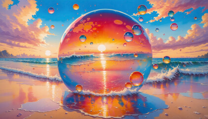 Obraz na płótnie Canvas a illustration of many bubbles floating on the sunset beach