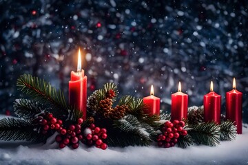 Evoke the spirit of Christmas on your card with a delightful arrangement of a Christmas or advent candle, frosted fir branches, red berries, and glittering red stars against a winter wonderland.