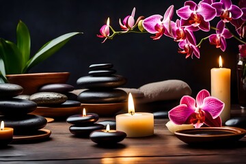 Obraz na płótnie Canvas Capture the tranquility of a spa with massage stones, fresh orchid flowers, cozy towels, and the gentle illumination of burning candles for a soothing atmosphere.