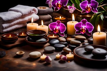 Obraz na płótnie Canvas Illustrate a serene beauty treatment setting with the inclusion of massage stones, fragrant orchid flowers, cozy towels, and softly burning candles.