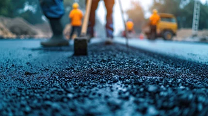 Poster asphalt pavement workers working on asphalt road,Construction site is laying new asphalt road pavement,road construction workers and road construction machinery scene © Planetz