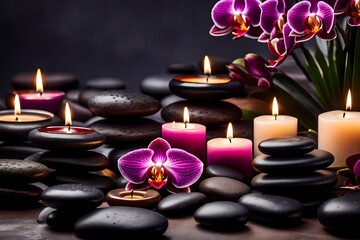 Capture the essence of relaxation with a spa and beauty treatment scene showcasing massage stones, fresh orchid flowers, neatly folded towels, and the soft radiance of burning candles.