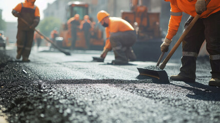 asphalt pavement workers working on asphalt road,Construction site is laying new asphalt road pavement,road construction workers and road construction machinery scene - obrazy, fototapety, plakaty