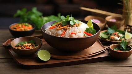 Showcase the natural beauty of Rice Thai Food against the backdrop of a wooden table highlight the fresh, locally sourced ingredients that play a crucial role in creating these delicious and visually 