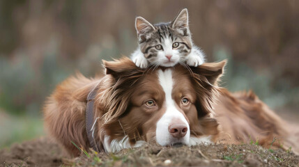 A cat sitting on top of a dog. Suitable for pet-related graphics, animal-themed designs, and illustrations of unlikely animal friendships. Perfect for pet stores, veterinary clinics, and animal shelte - obrazy, fototapety, plakaty