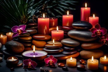 Obraz na płótnie Canvas Design a soothing spa atmosphere with elements such as massage stones, delicate orchid flowers, cozy towels, and the warm glow of burning candles.